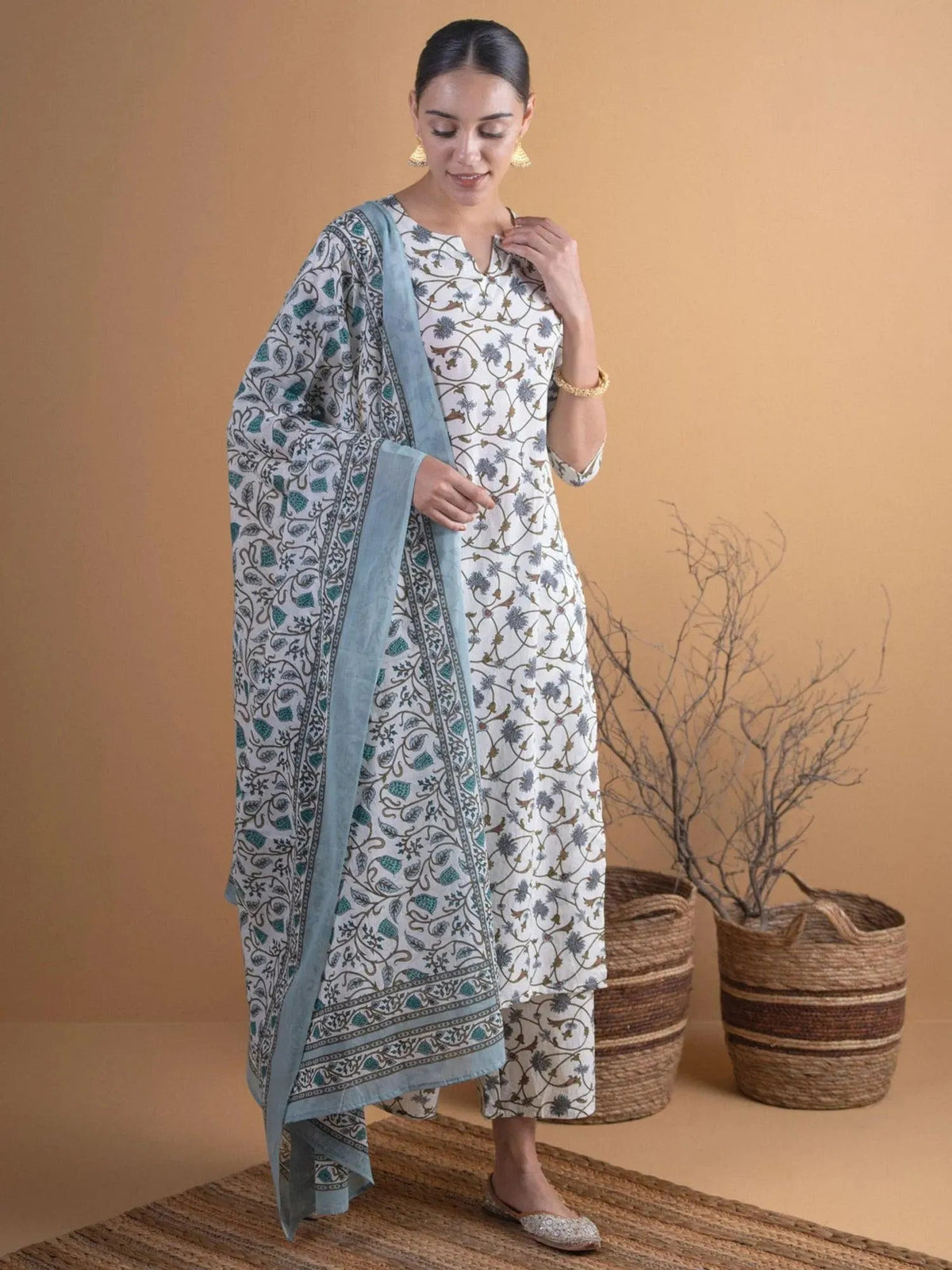 LIBAS Off-White Printed Cotton Straight Kurta With Palazzos & Dupatta