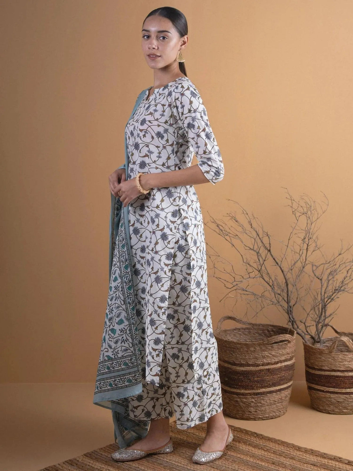 LIBAS Off-White Printed Cotton Straight Kurta With Palazzos & Dupatta