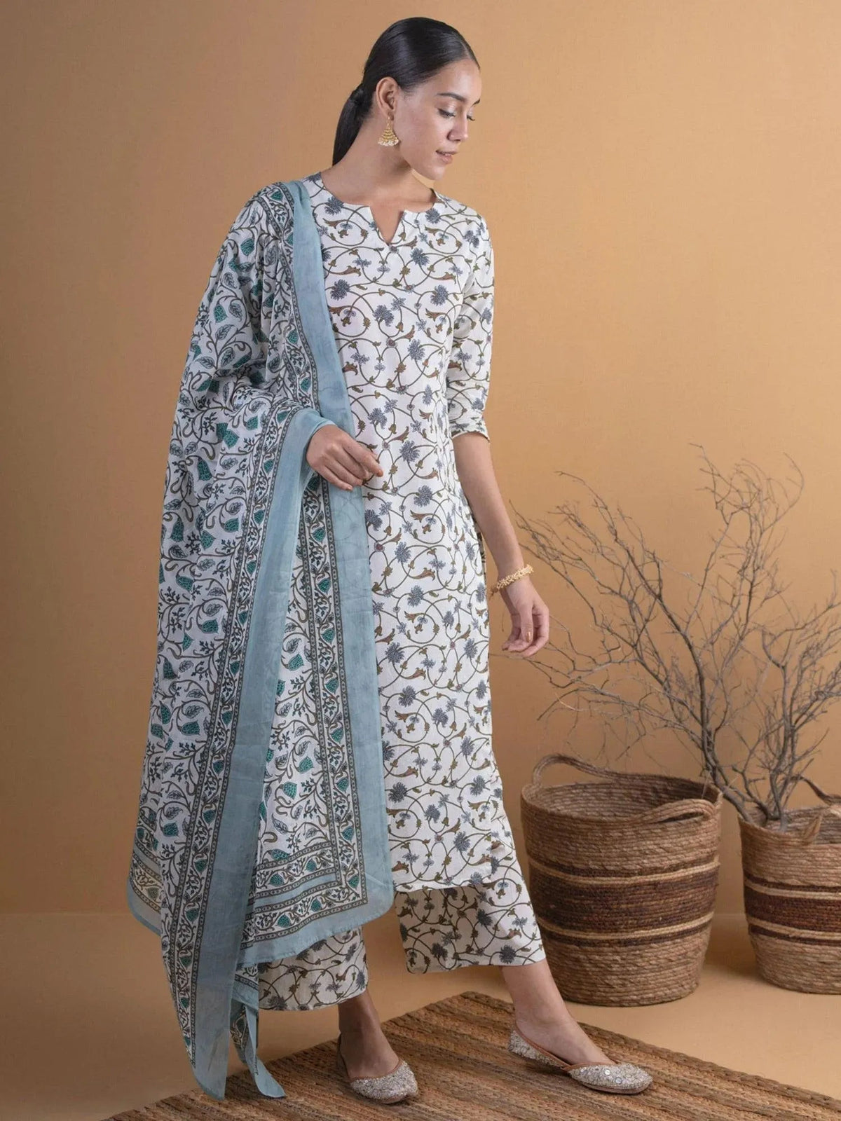 LIBAS Off-White Printed Cotton Straight Kurta With Palazzos & Dupatta
