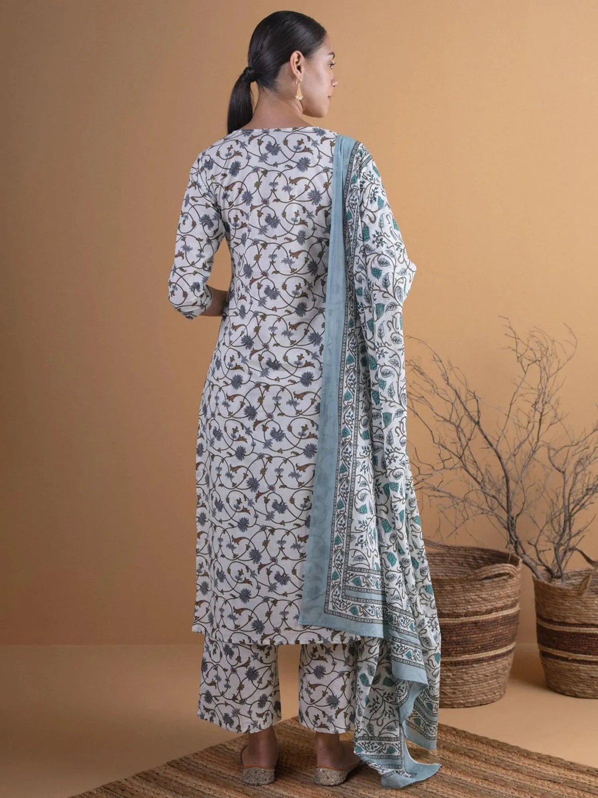 LIBAS Off-White Printed Cotton Straight Kurta With Palazzos & Dupatta