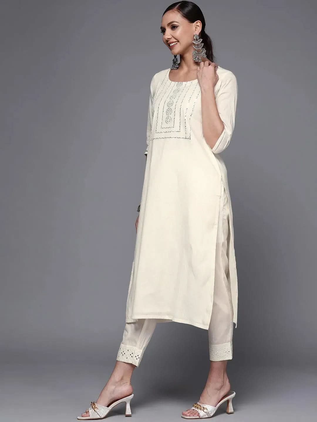 Libas Off White Yoke Design Cotton Straight Kurta