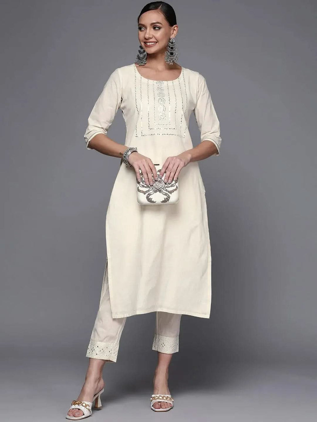 Libas Off White Yoke Design Cotton Straight Kurta