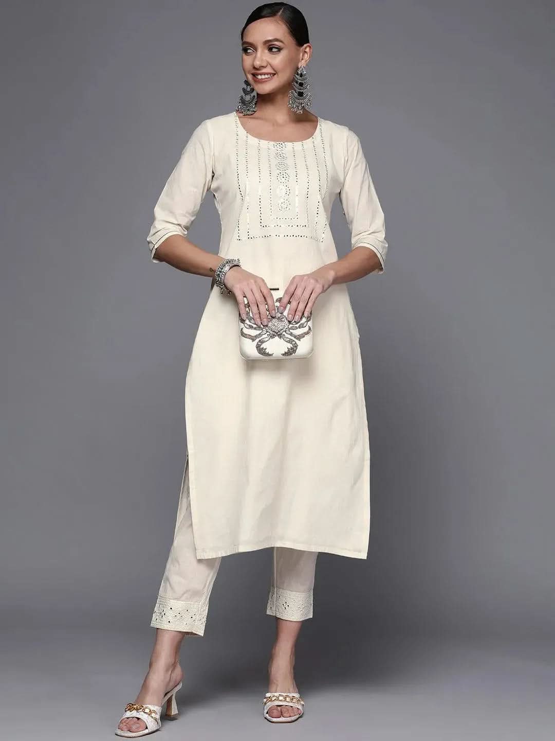 Libas Off White Yoke Design Cotton Straight Kurta