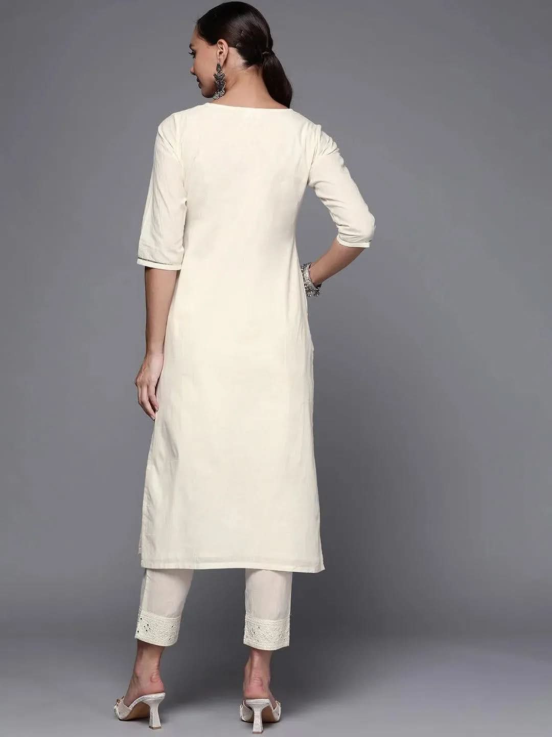 Libas Off White Yoke Design Cotton Straight Kurta