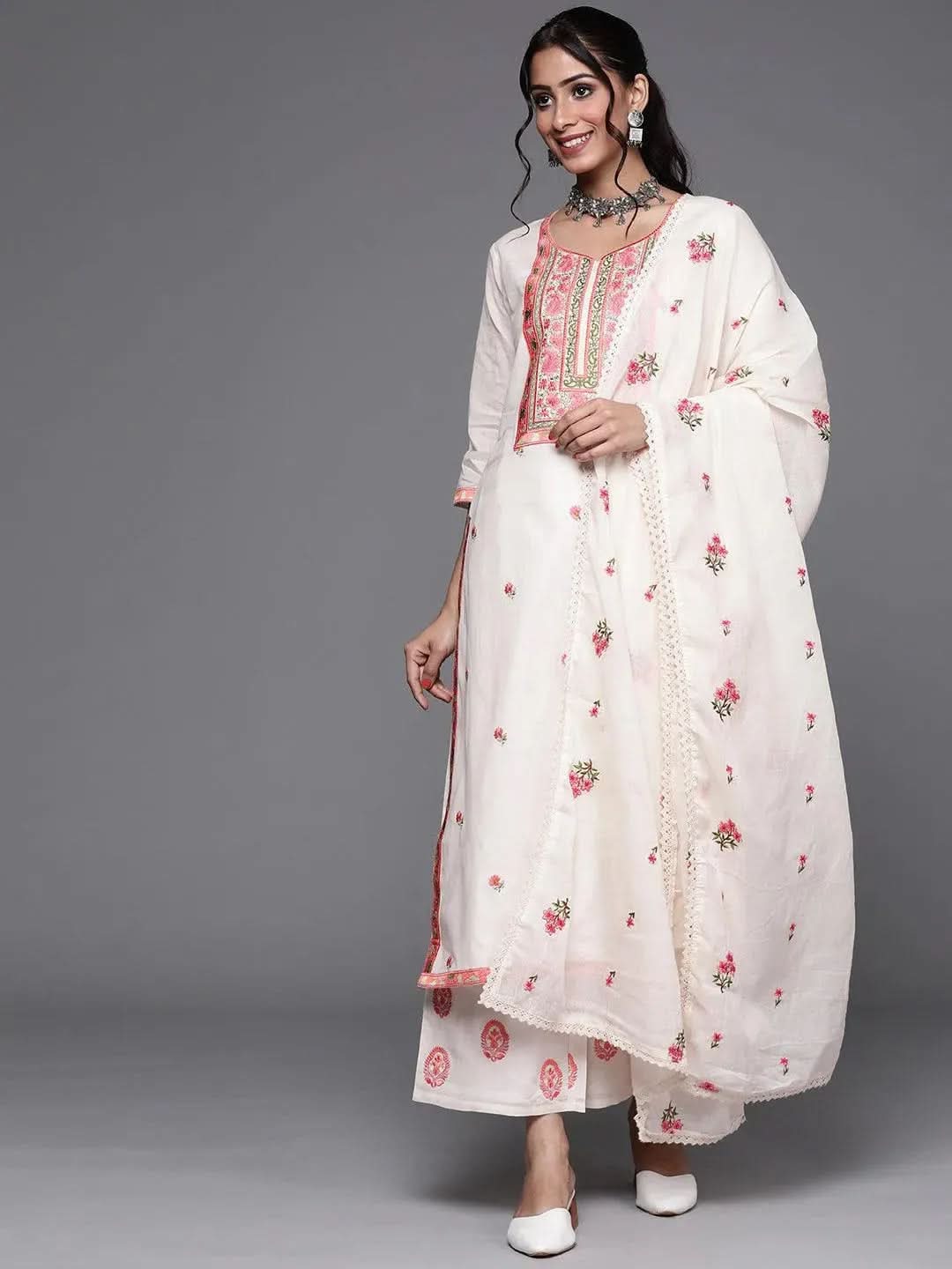 Libas Off-White Yoke Design Cotton Straight Kurta With Palazzos & Dupatta