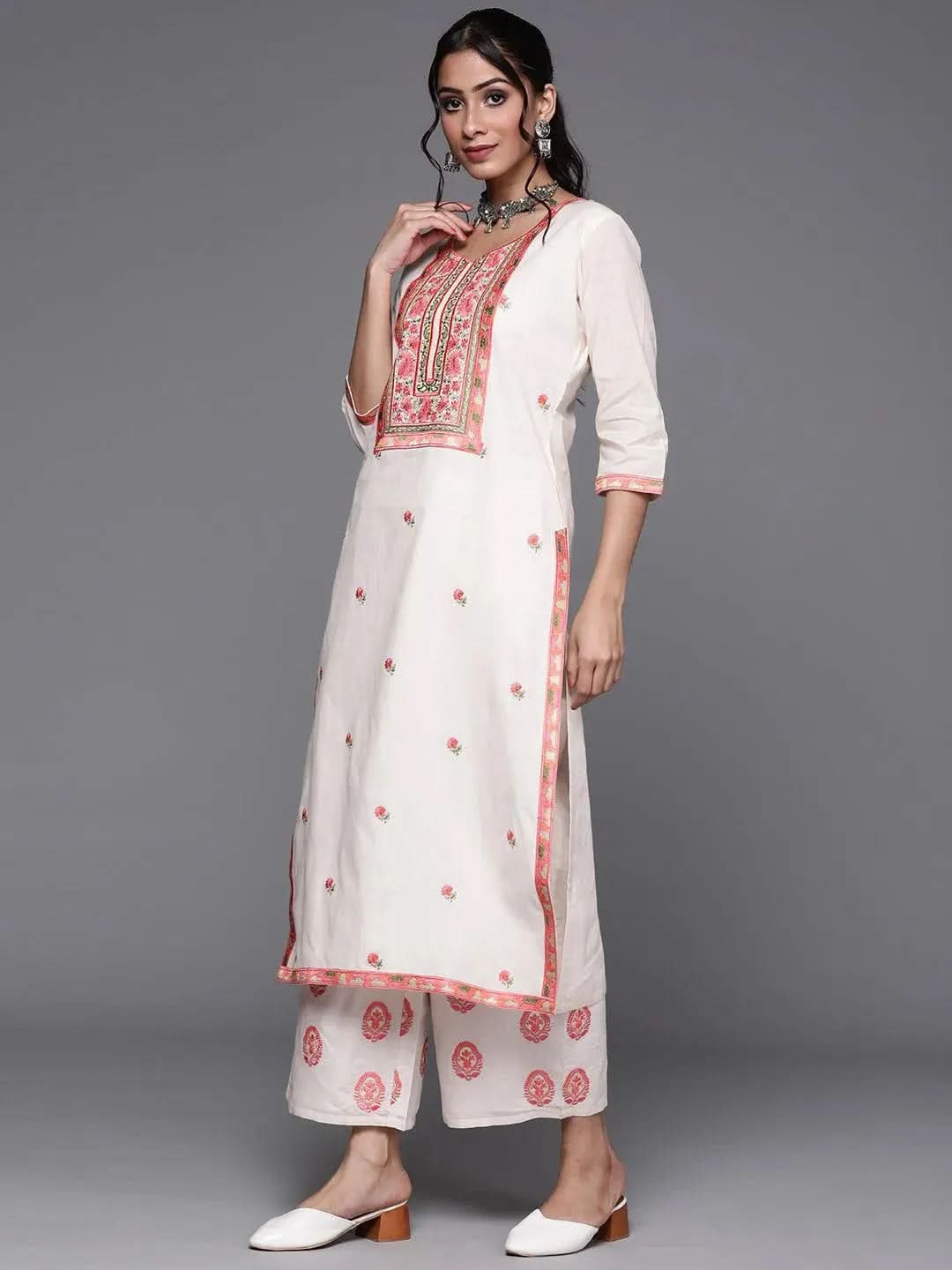 Libas Off-White Yoke Design Cotton Straight Kurta With Palazzos & Dupatta