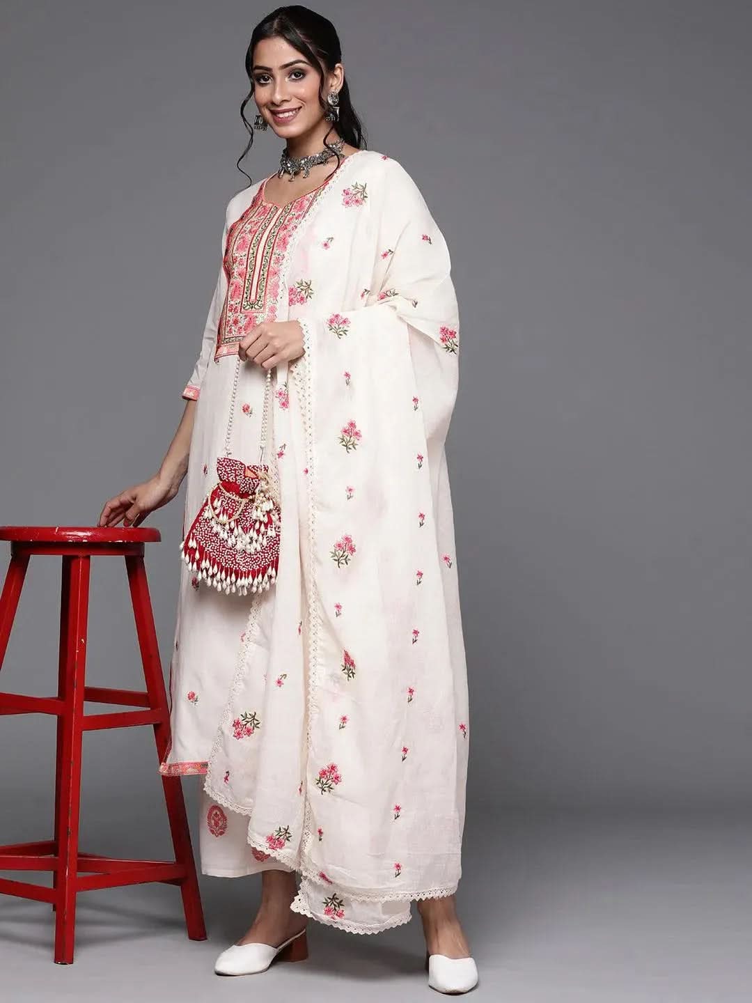 Libas Off-White Yoke Design Cotton Straight Kurta With Palazzos & Dupatta