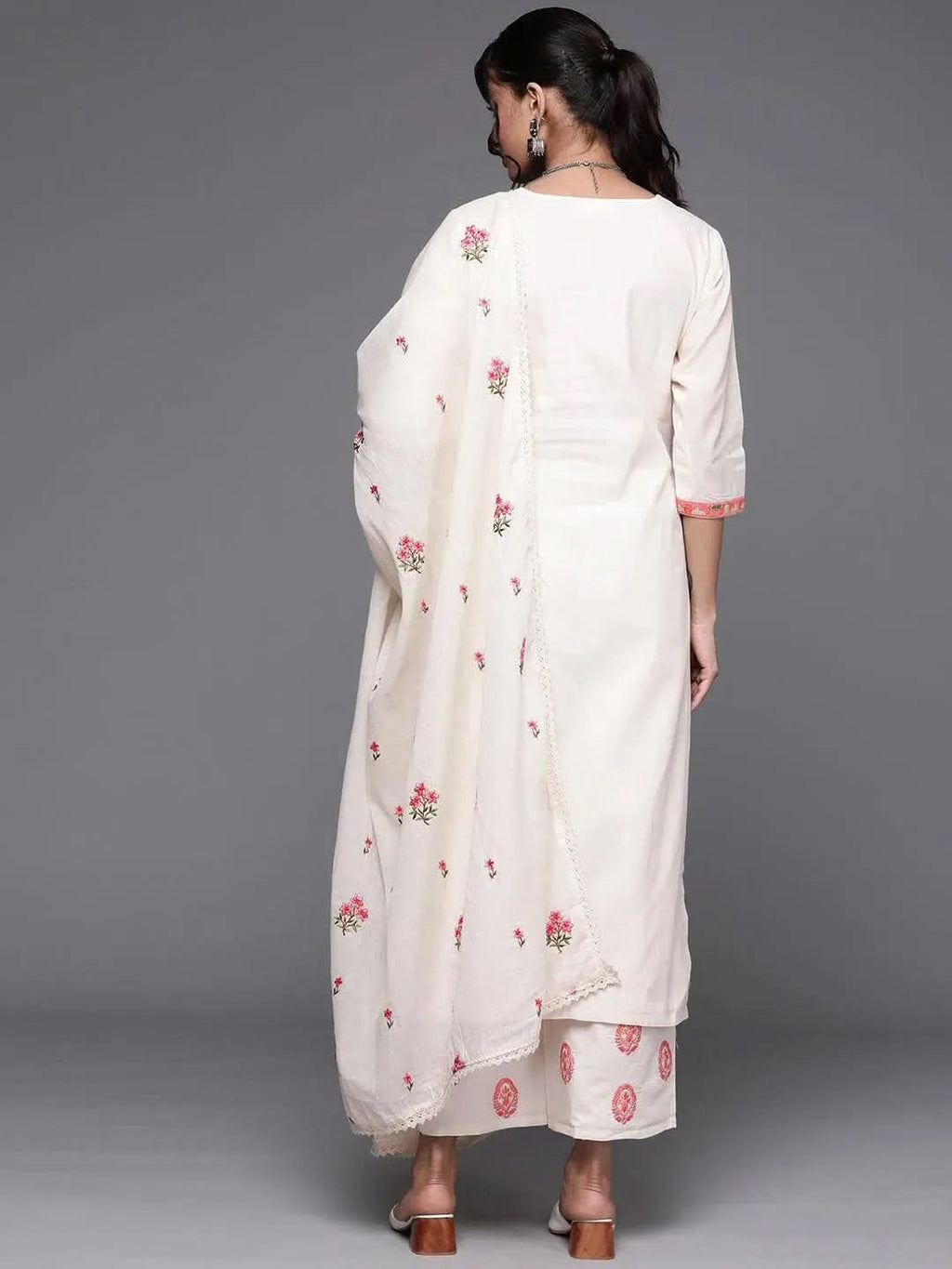 Libas Off-White Yoke Design Cotton Straight Kurta With Palazzos & Dupatta