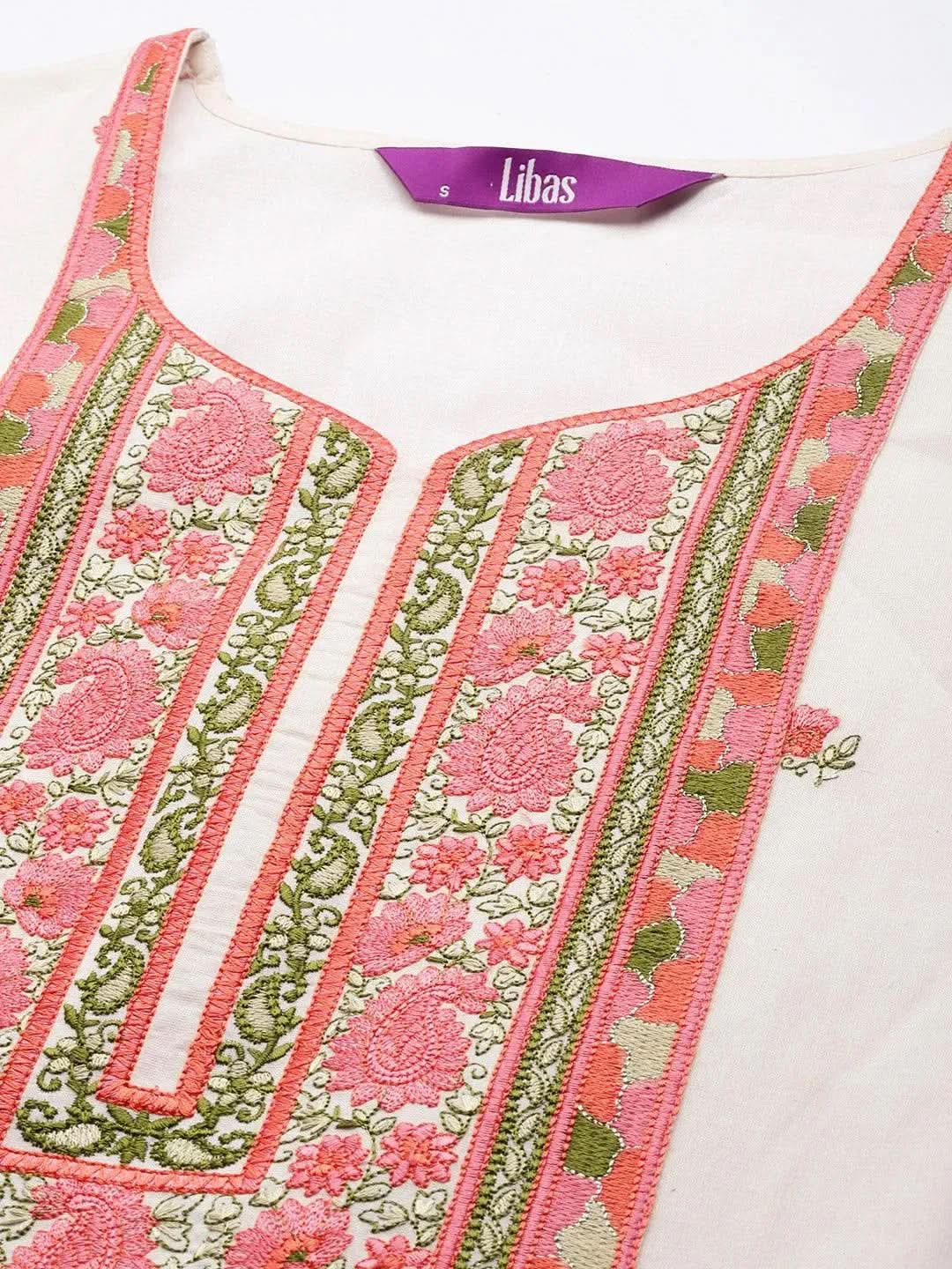 Libas Off-White Yoke Design Cotton Straight Kurta With Palazzos & Dupatta