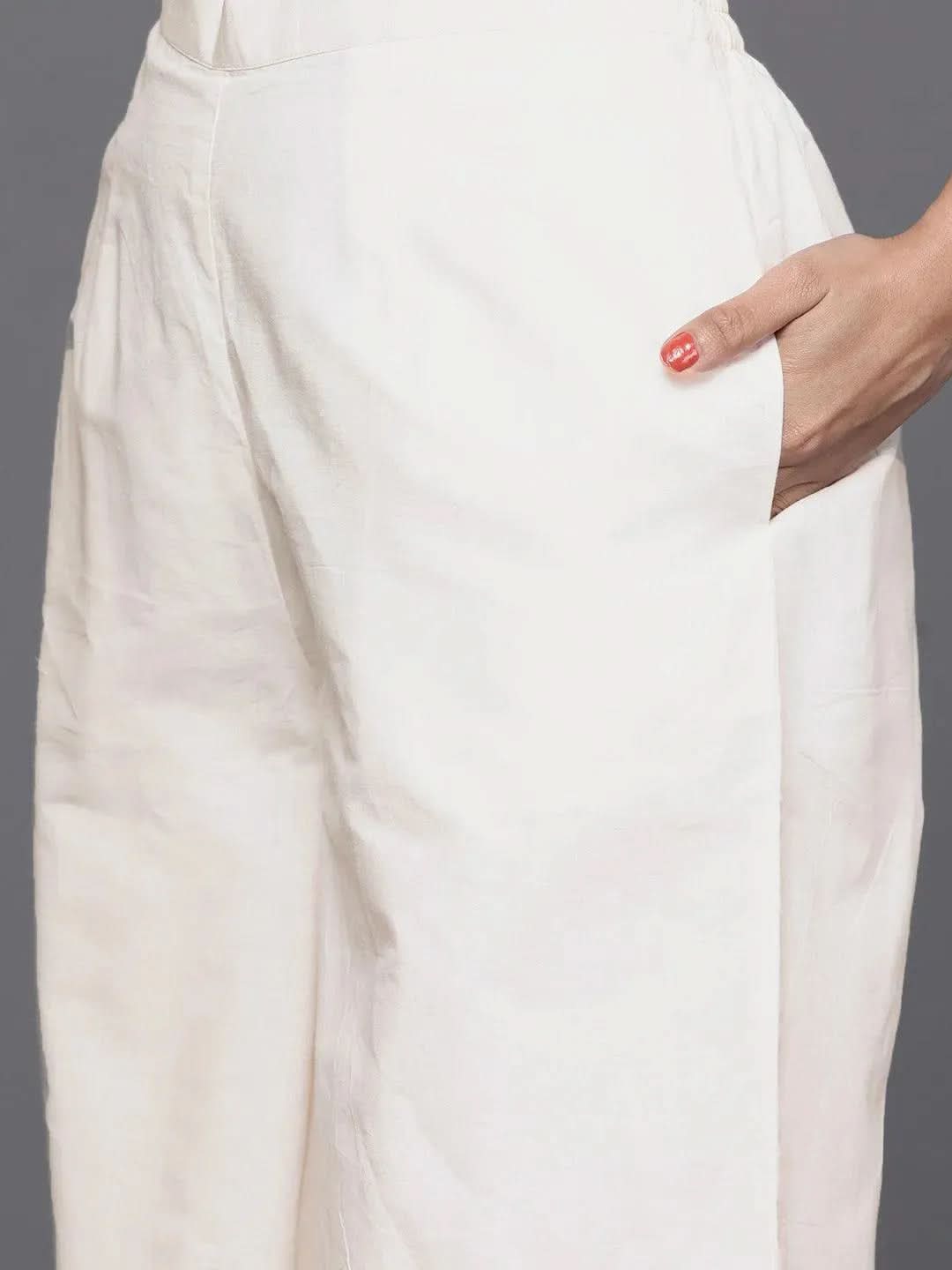 Libas Off-White Yoke Design Cotton Straight Kurta With Palazzos & Dupatta