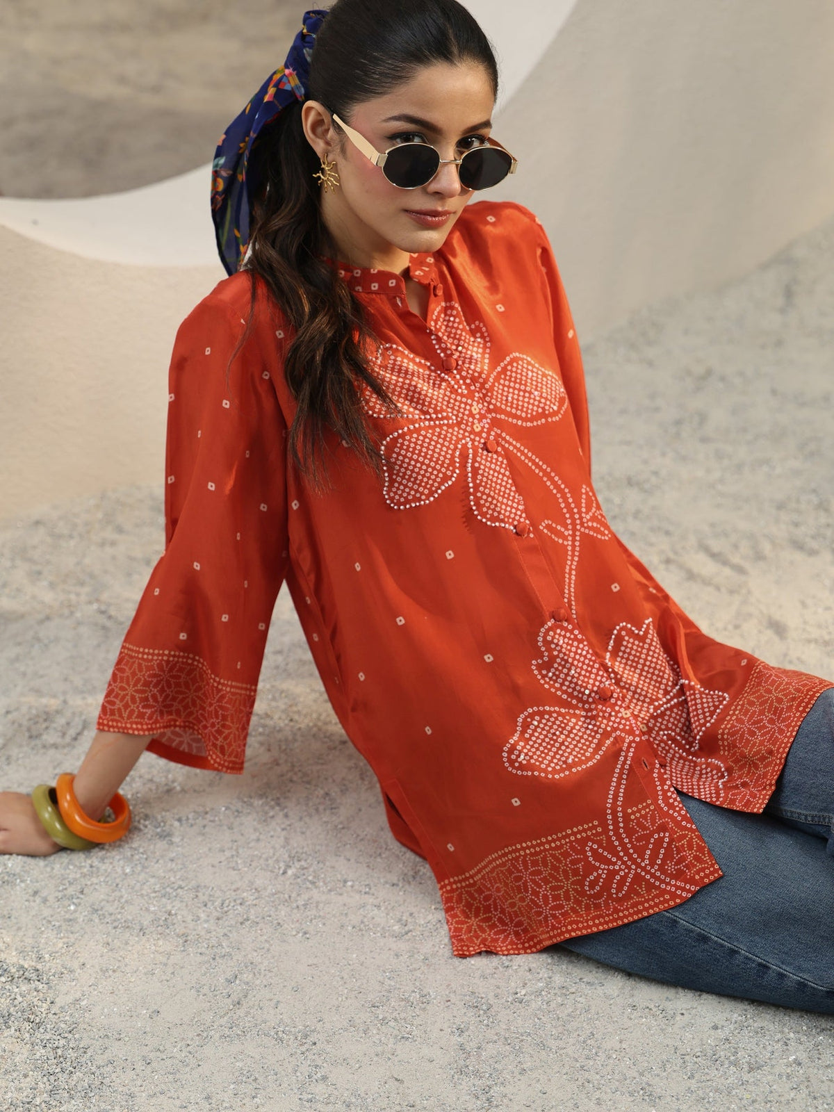 Libas Orange Bandhani Printed Crepe Shirt K60