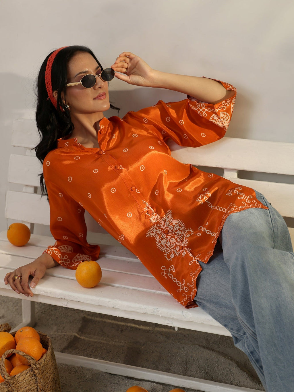Libas Orange Ethnic Printed Crepe Shirt K60