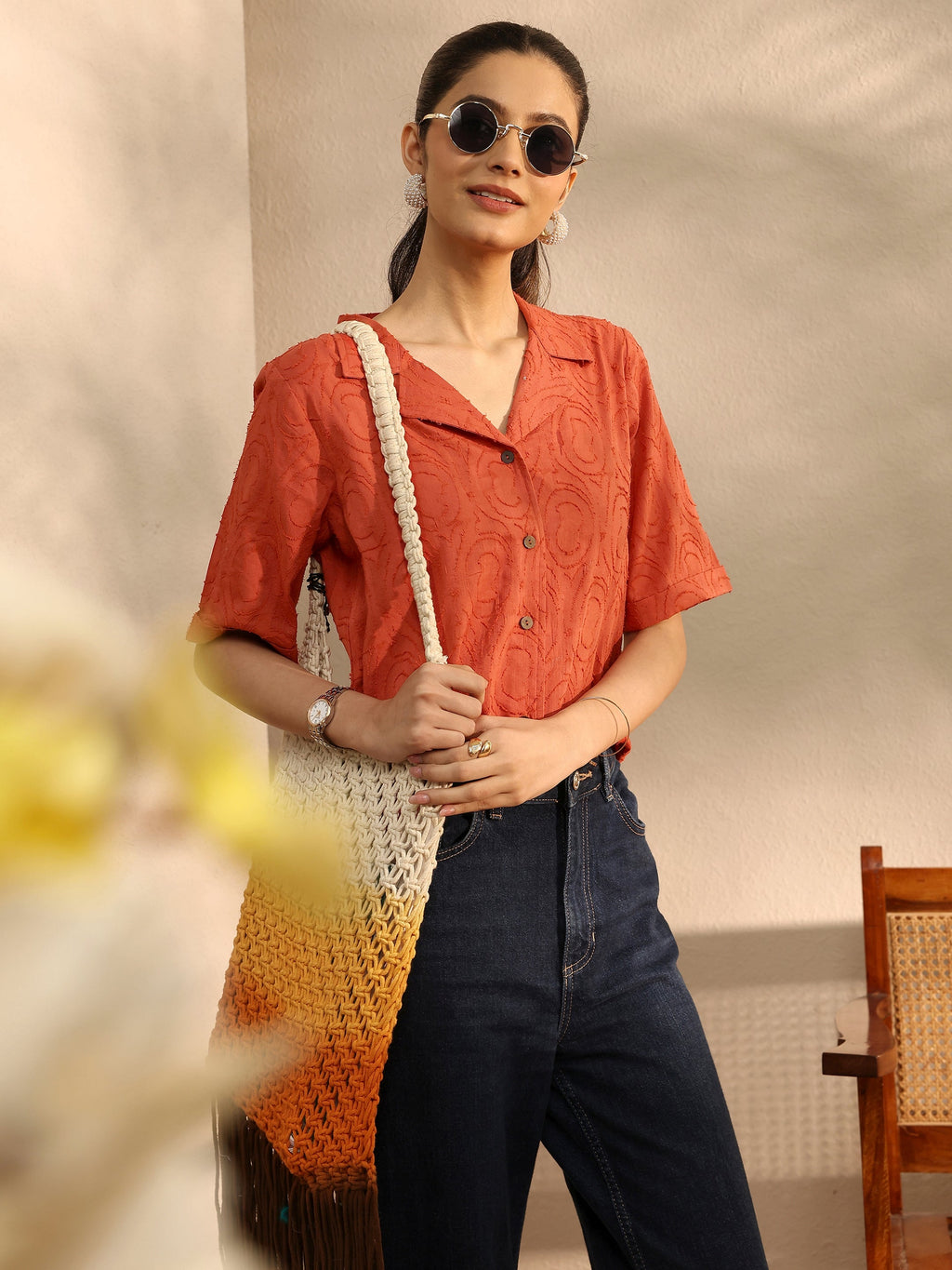 Libas Orange Self Design Cotton Straight Shirt