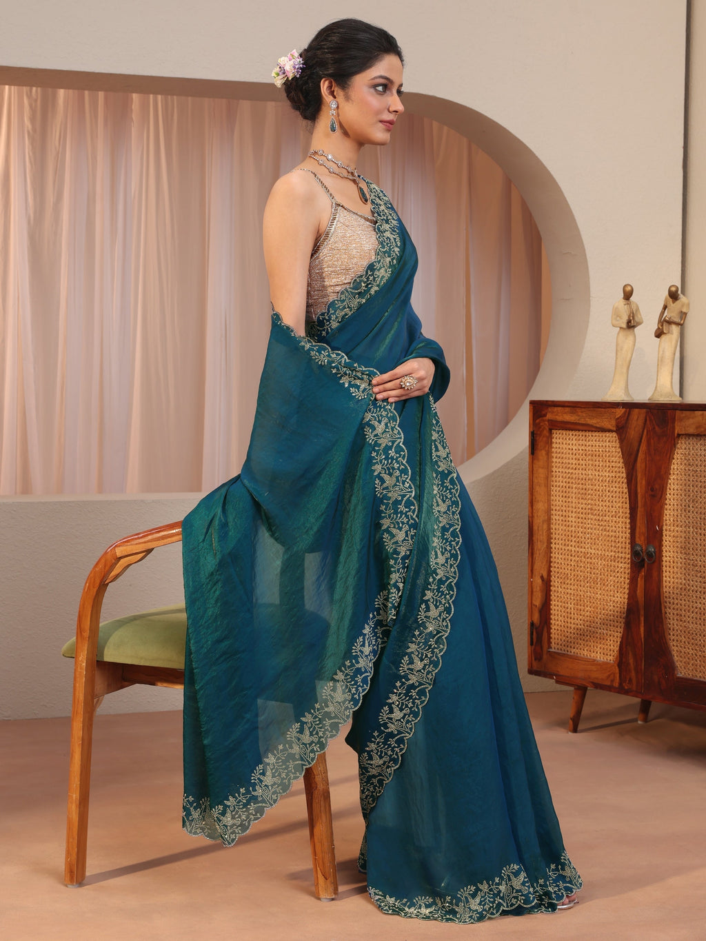 Libas Pacific Blue Tissue Saree With Embroidered Border