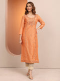 Libas Peach Embroidered Chanderi Silk Straight Kurta