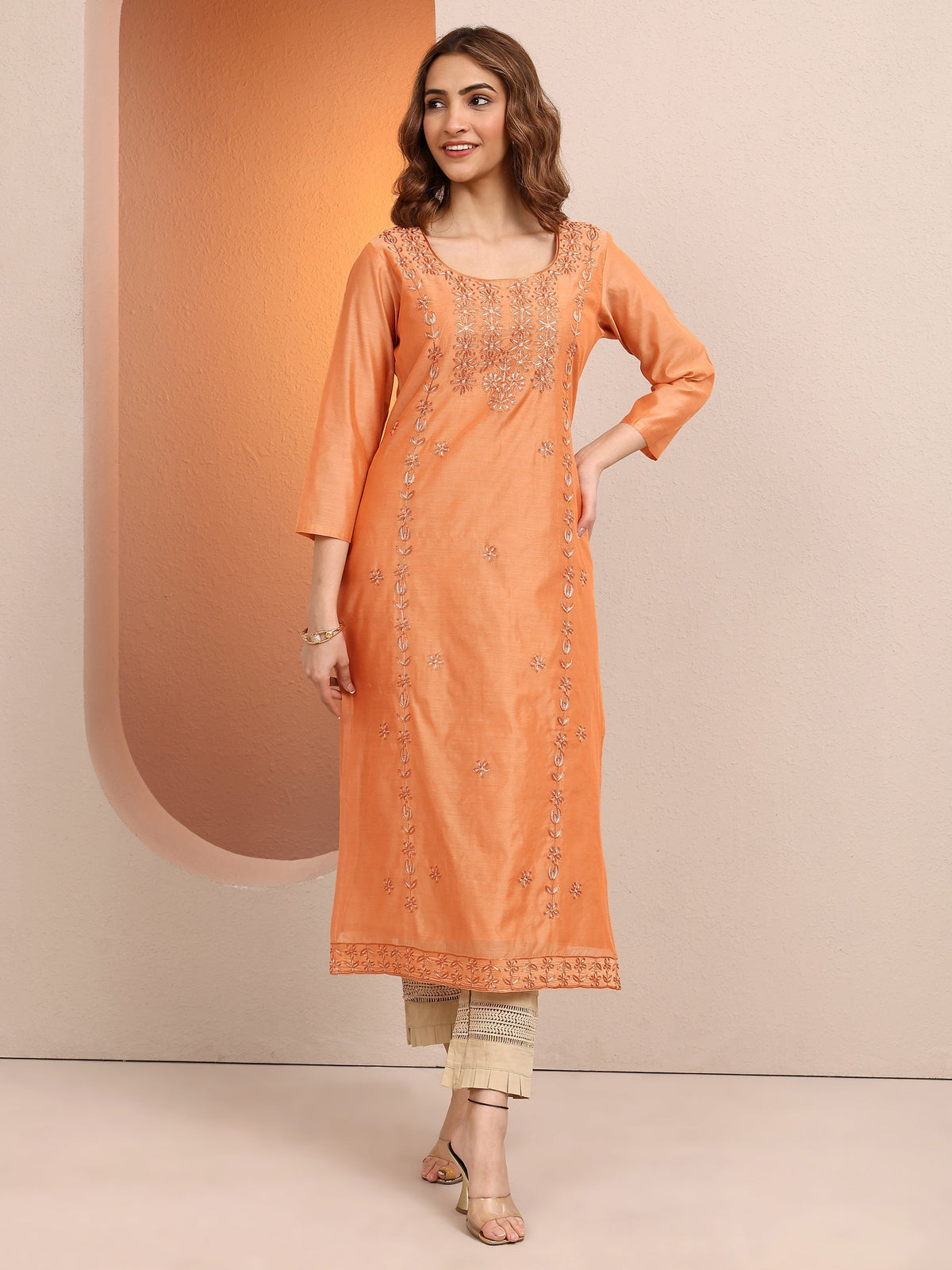 Libas Peach Embroidered Chanderi Silk Straight Kurta