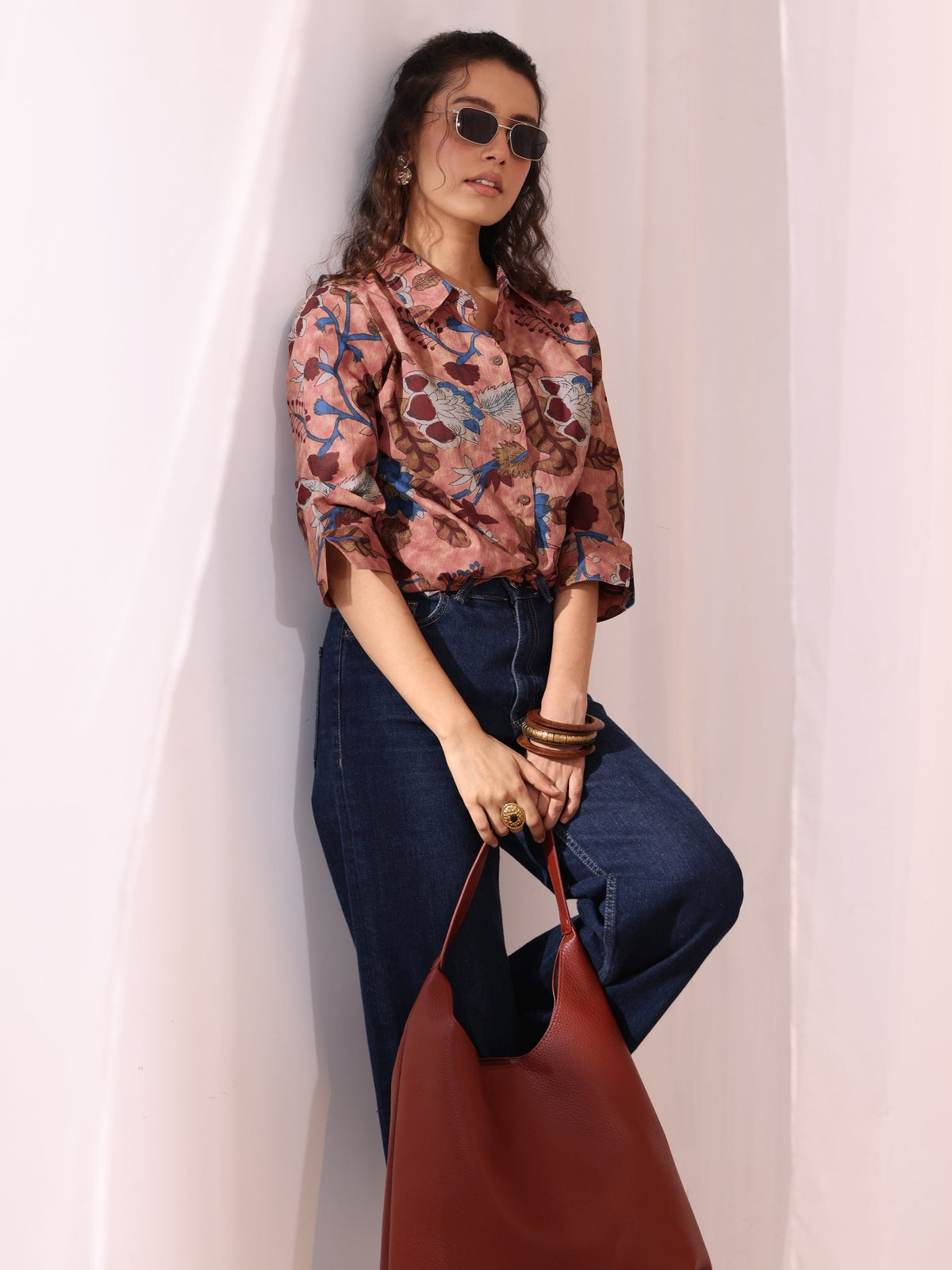 Libas Peach Floral Printed Cotton Shirt
