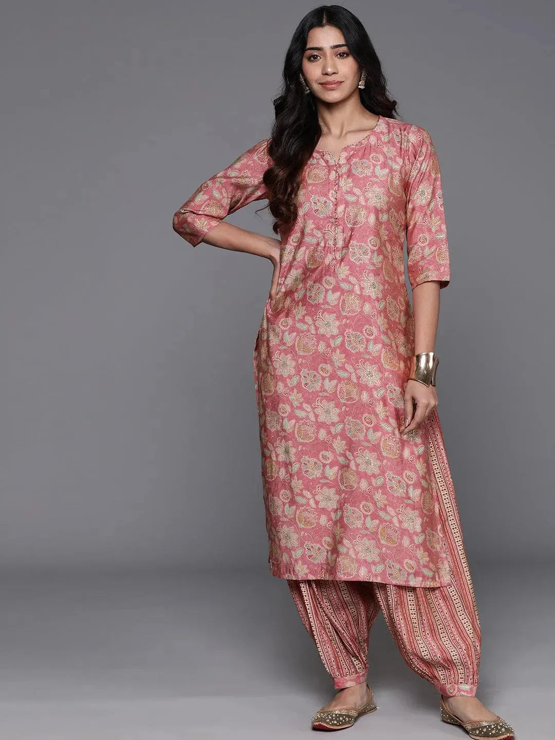 Libas Peach Printed Silk Blend Straight Kurta Set