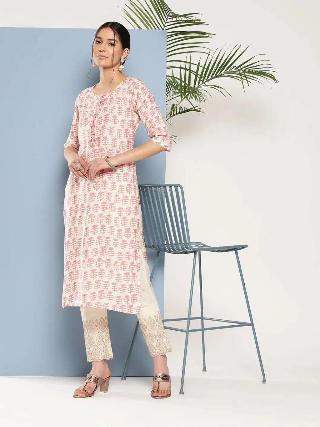 Gerua Peach Printed Silk Straight Kurta