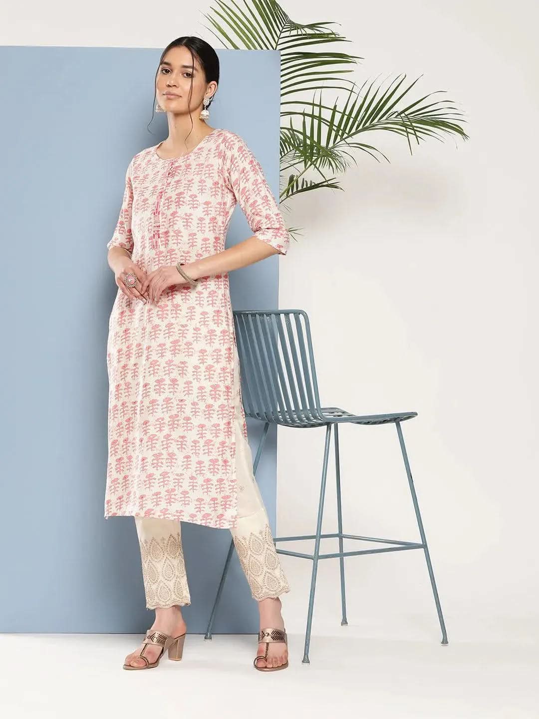 Gerua Peach Printed Silk Straight Kurta