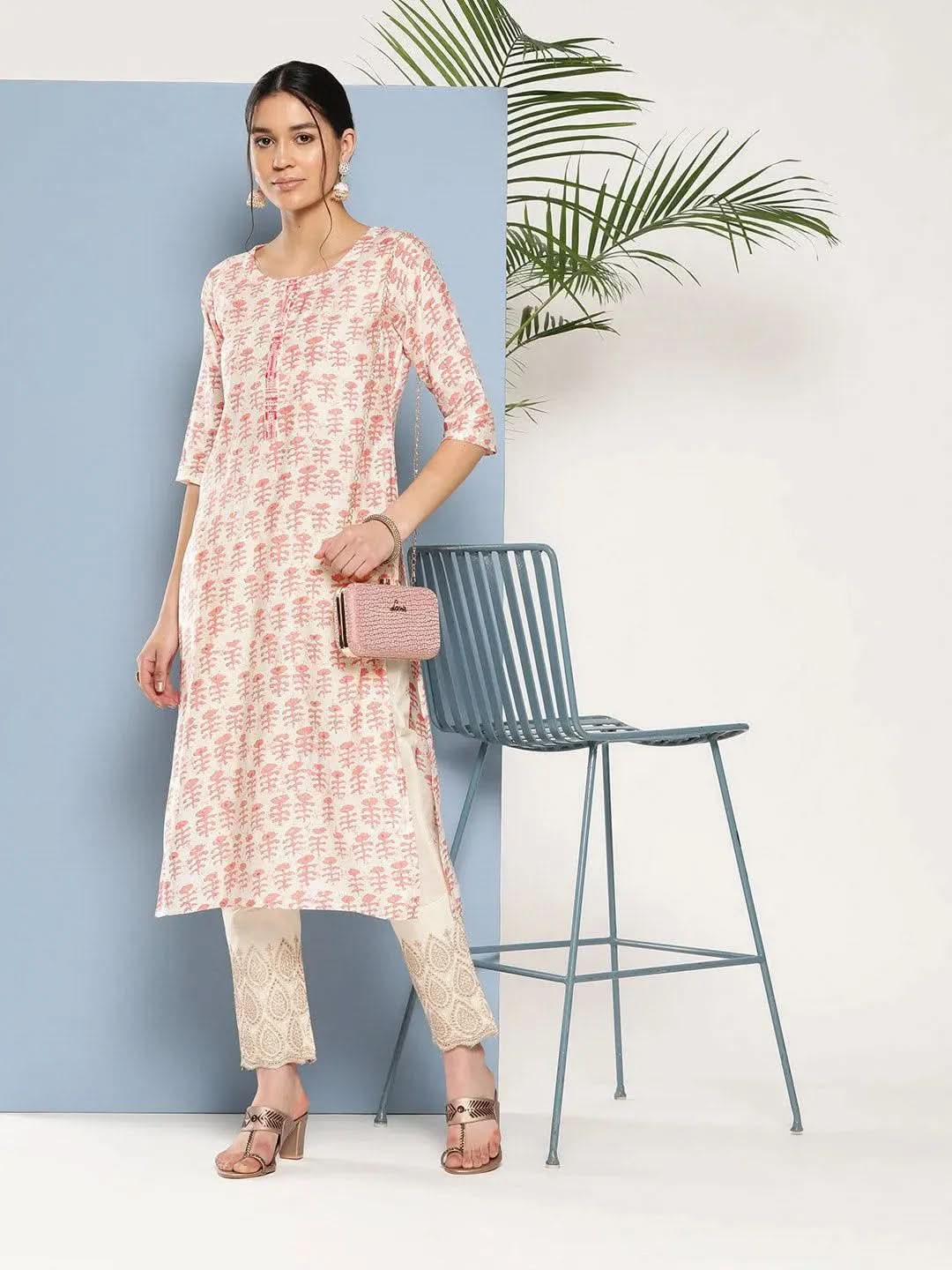 Gerua Peach Printed Silk Straight Kurta