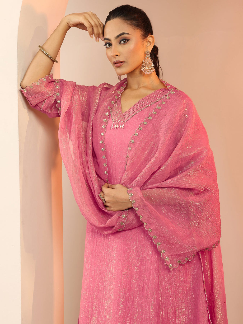 Libas Peach Solid Silk blend A-Line Suit Set With Dupatta KS67