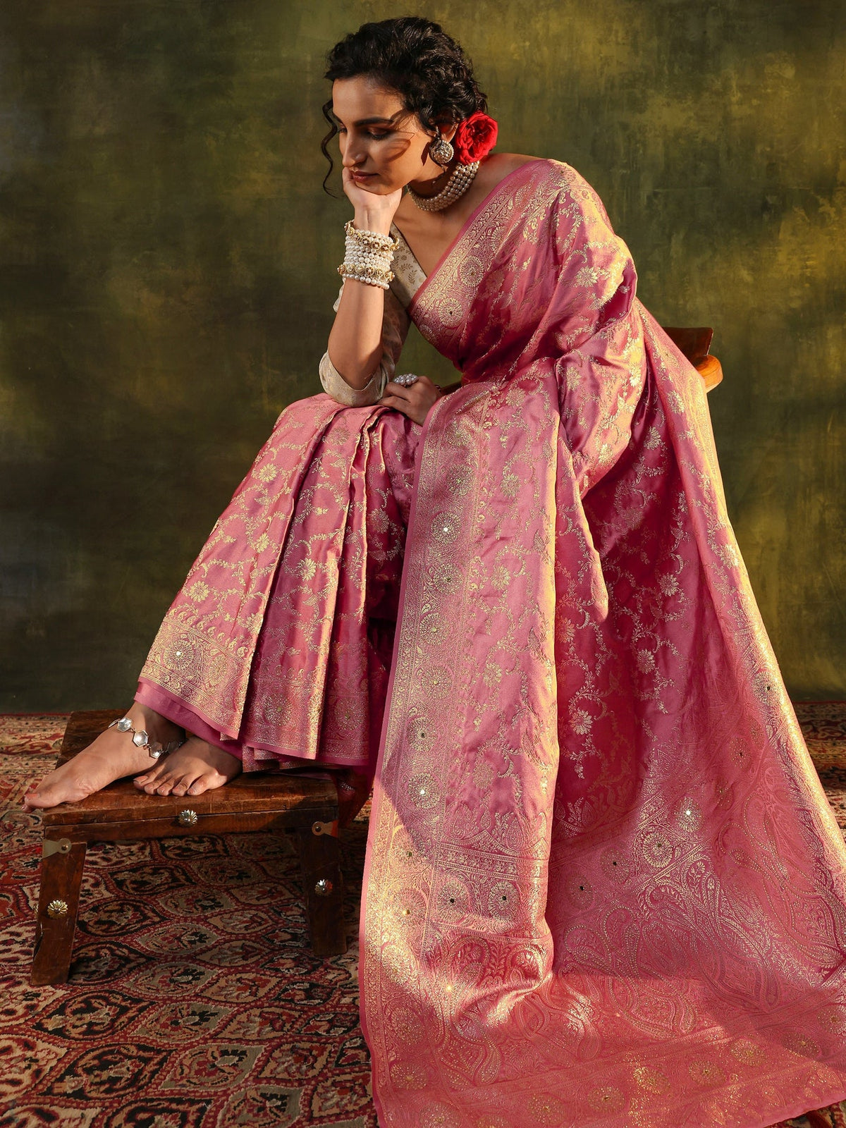 Libas Peach Woven Design Satin Banarasi Saree With Unstitched Blouse Piece S45