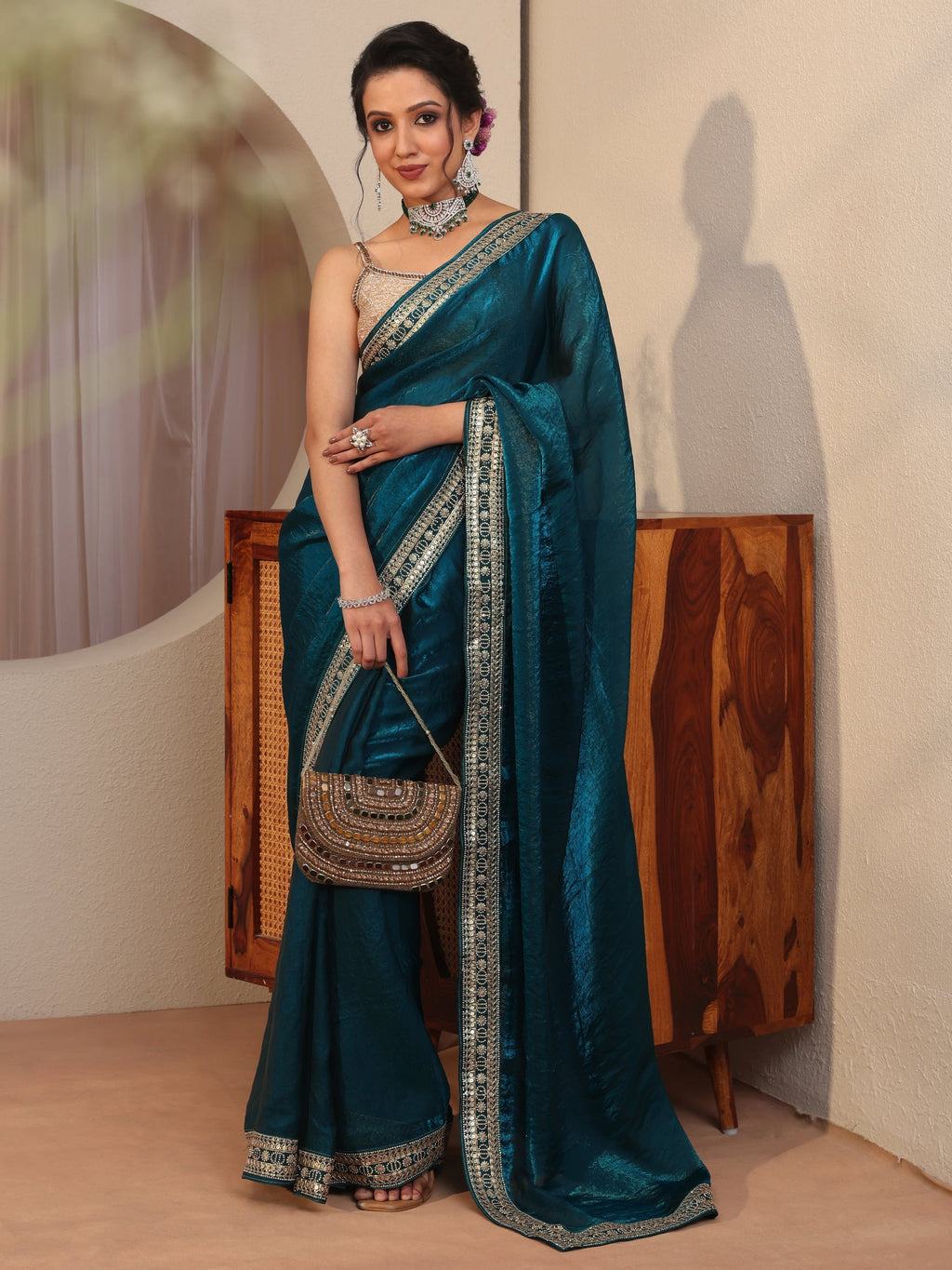 Libas Persian Blue Embellished Border Tissue Saree