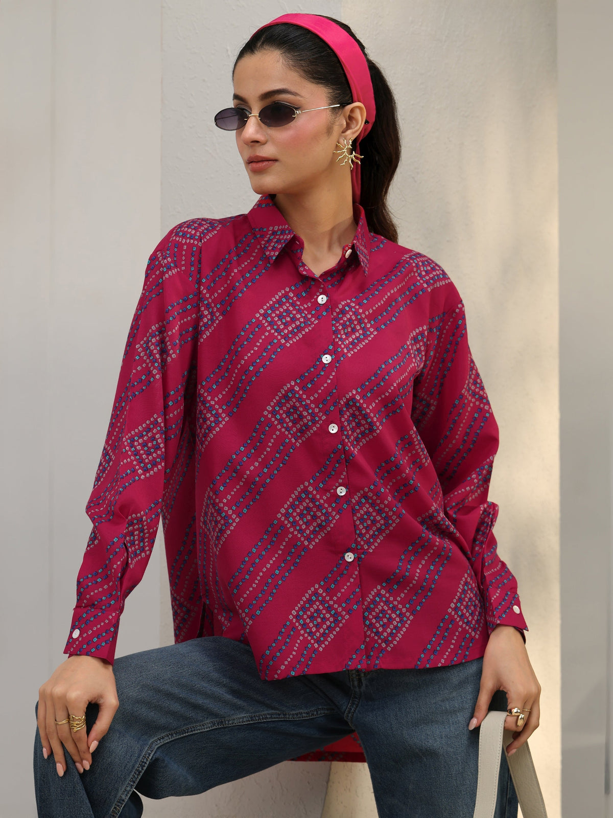 Gerua Pink Bandhani Printed Cotton Blend Shirt