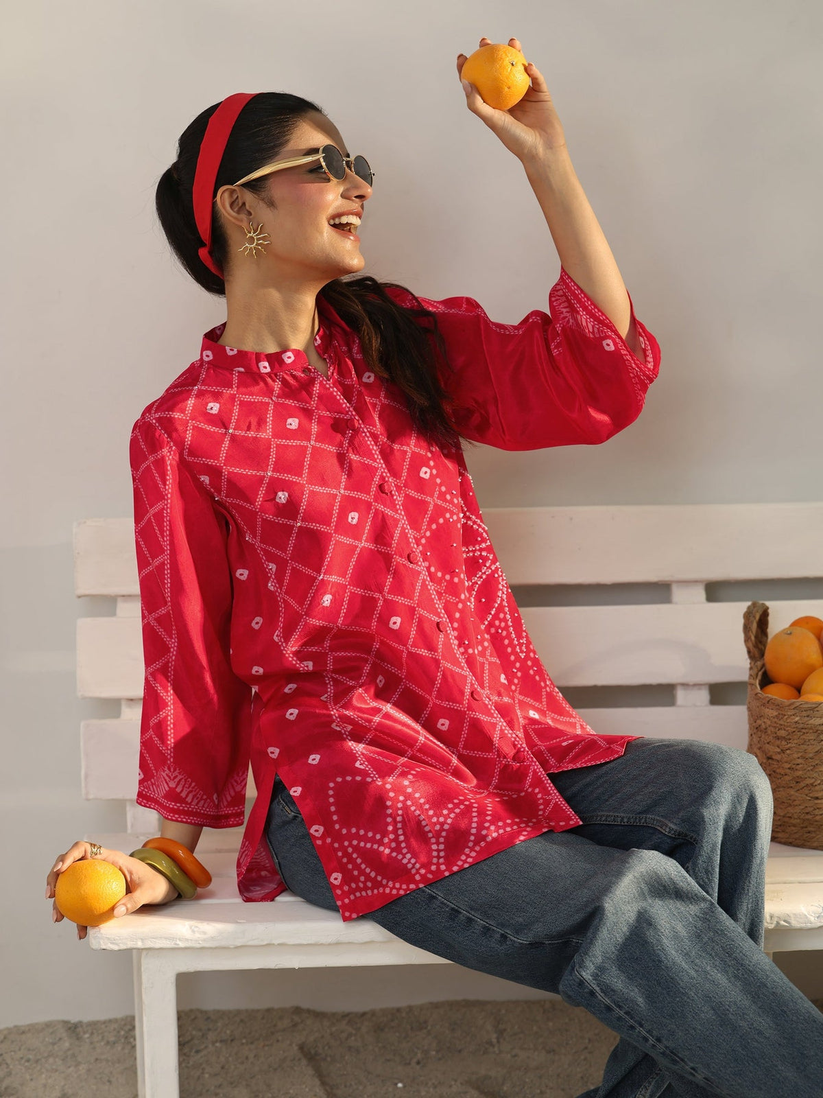 Libas Pink Bandhani Printed Crepe Shirt K60