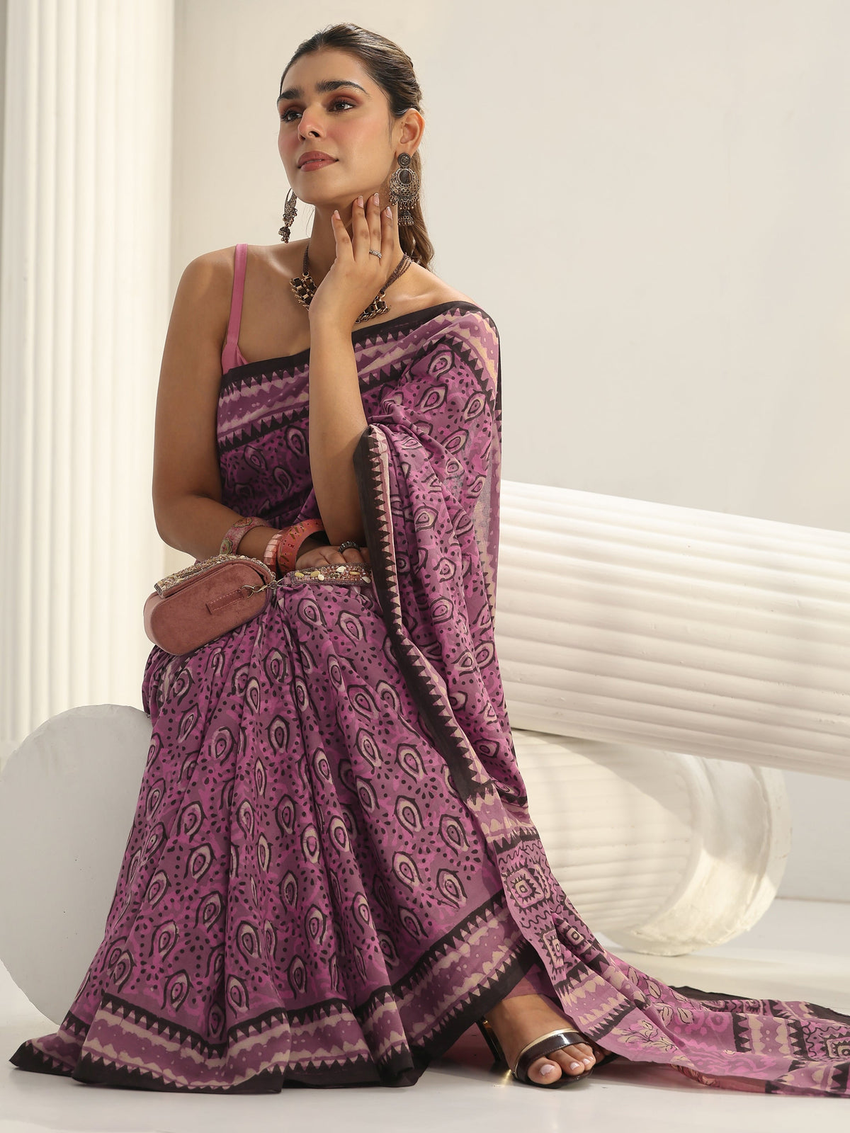 Libas Pink Dabu Print Cotton Saree