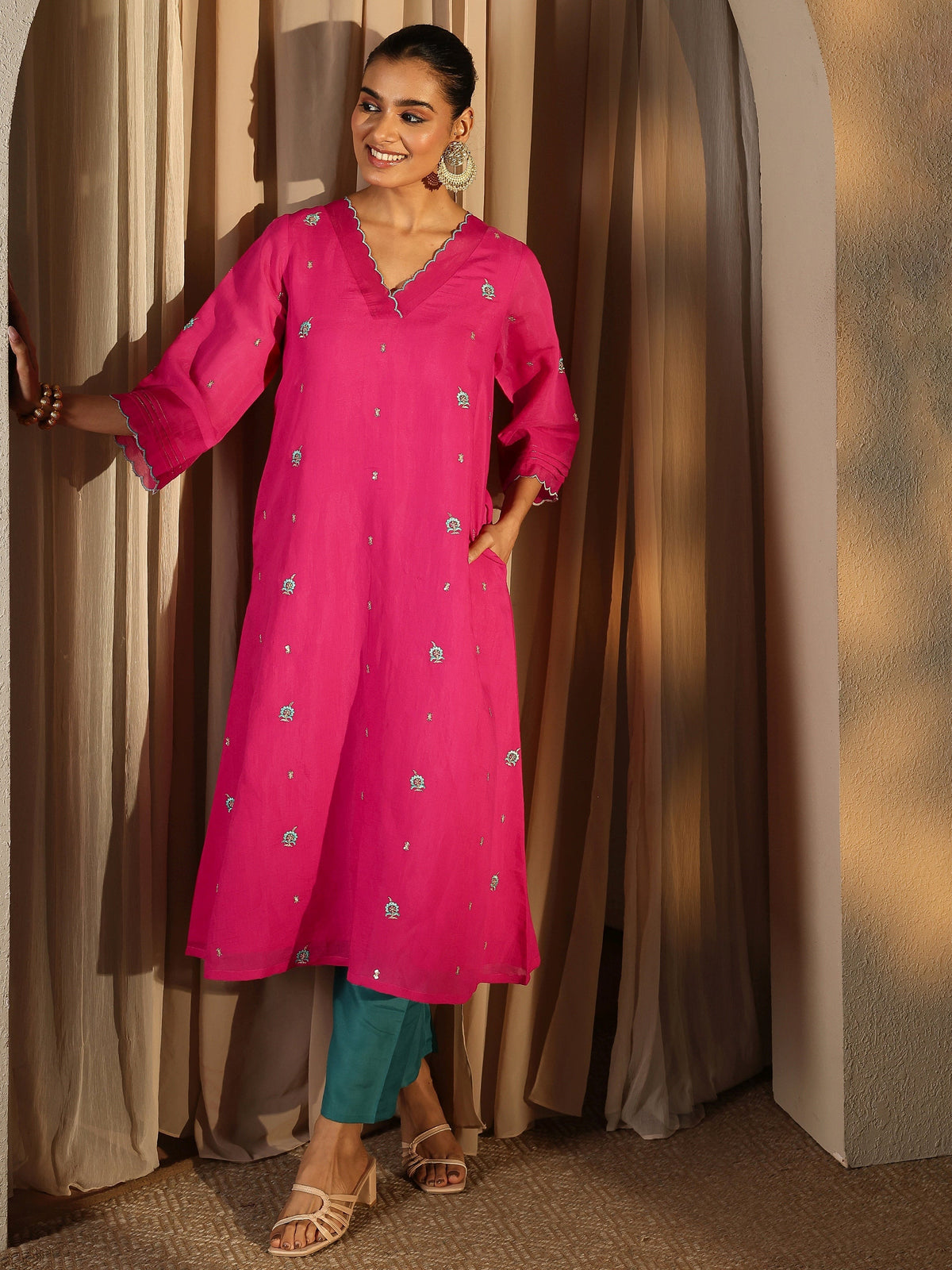 Libas Pink Embroidered Chanderi Cotton Straight Kurta