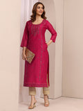 Libas Pink Embroidered Chanderi Silk Straight Kurta