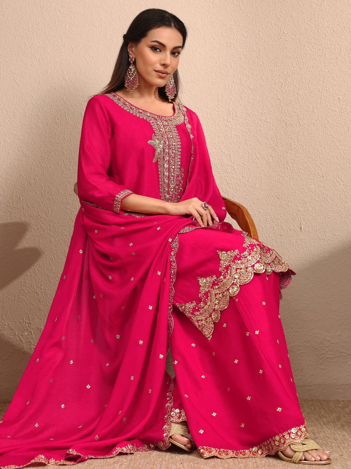 Libas Pink Embroidered Chinon Straight Suit Set With Dupatta