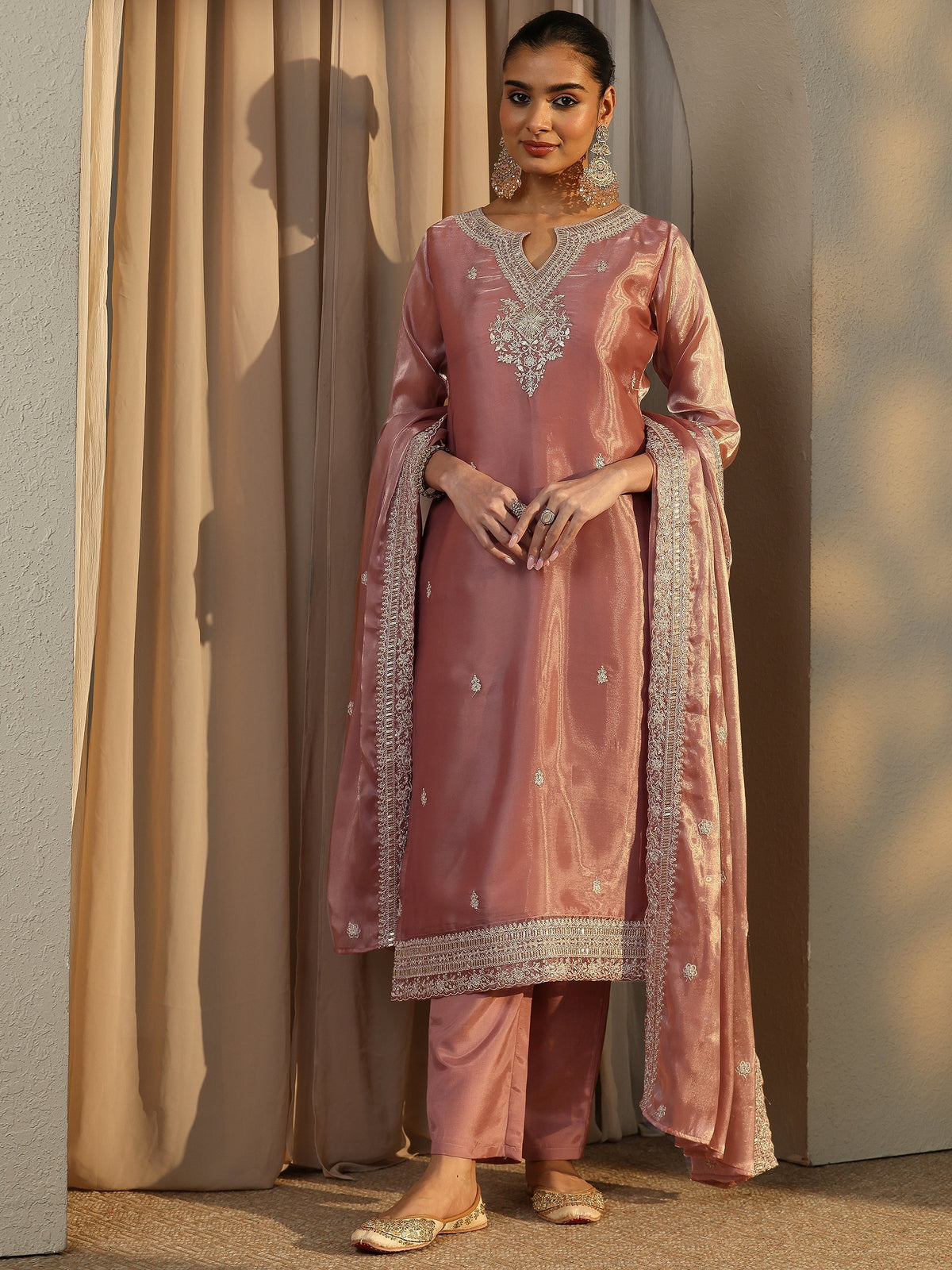 Libas Pink Embroidered Organza Straight Suit Set With Dupatta