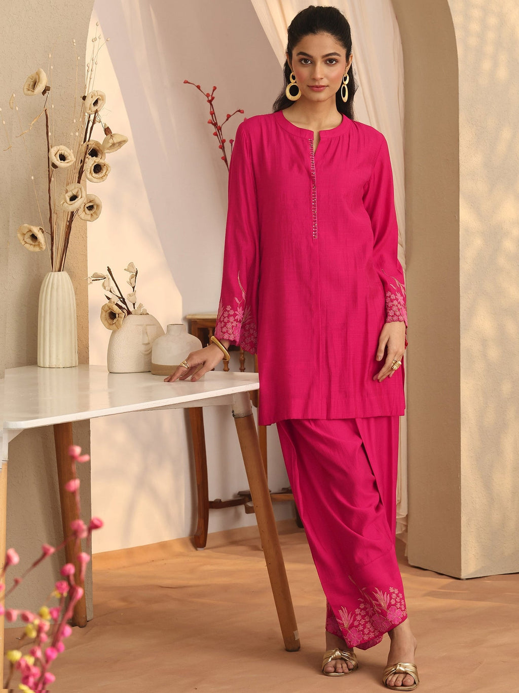 Libas Pink Embroidered Silk Blend Co-Ord Sets CO87