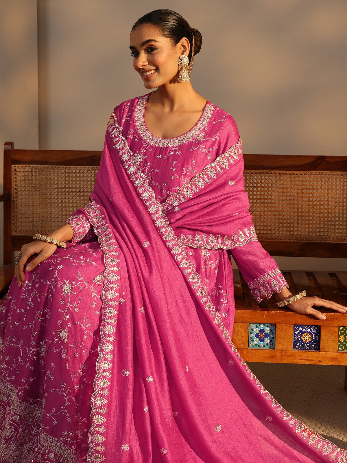 Libas Pink Floral Embroidered Silk Blend Straight Suit Set With Dupatta