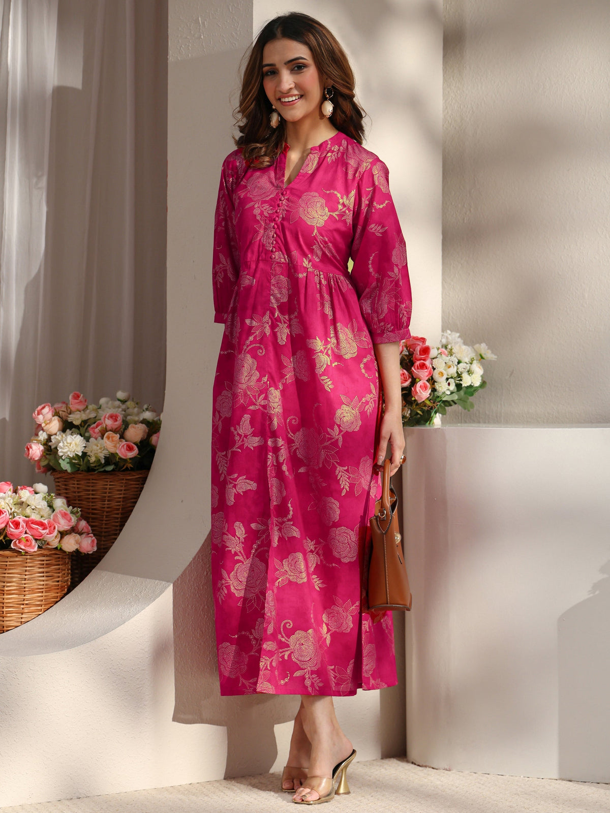 Libas Pink Floral Printed Cotton A-Line One Piece Dress