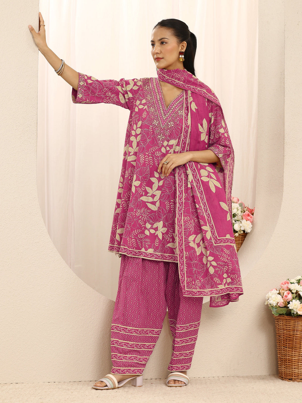 Libas Pink Floral Printed Cotton Farshi Salwar Suit Set