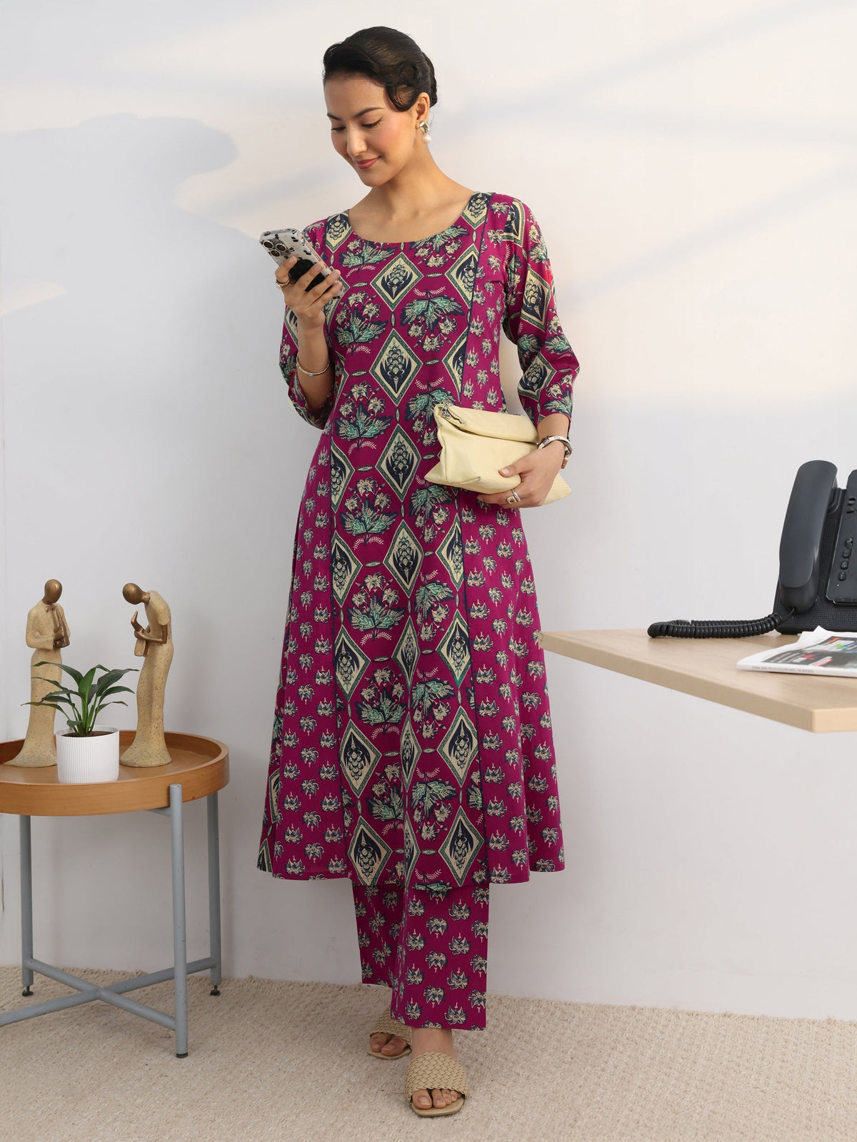 Gerua Pink Floral Printed Cotton Blend A-Line Kurta Set