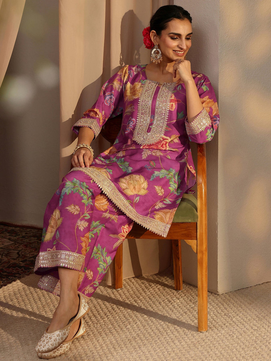 Libas Pink Floral Printed Silk Blend Co-Ord Set CO87