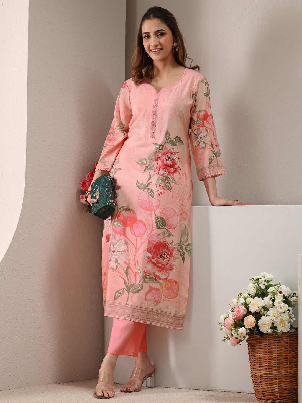 Libas Pink Floral Printed Silk Blend Straight Kurta