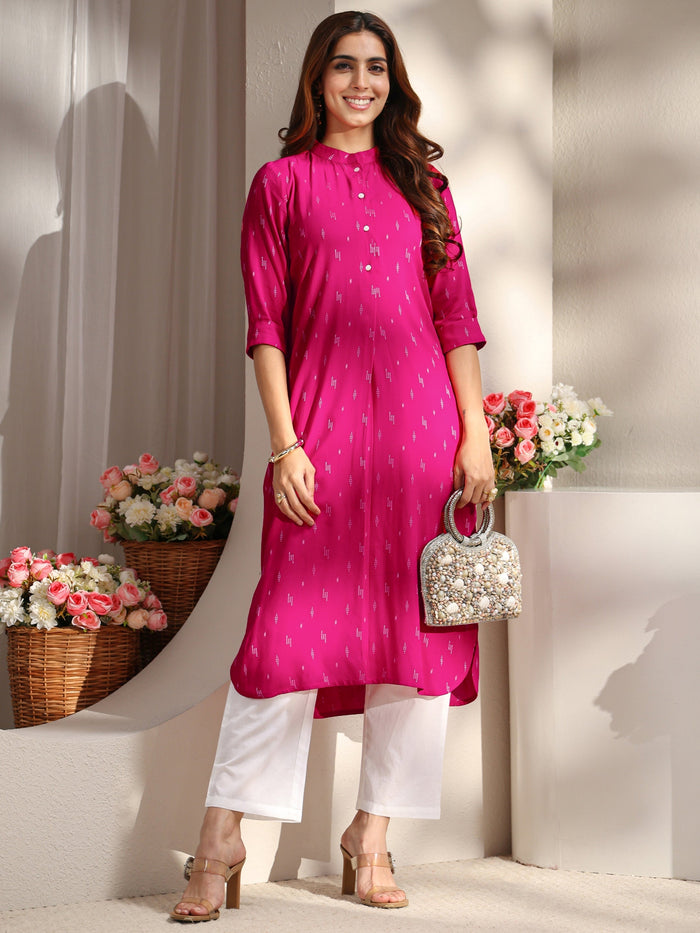 Libas Pink Mandarin Collar Embroidered Rayon Straight Kurta