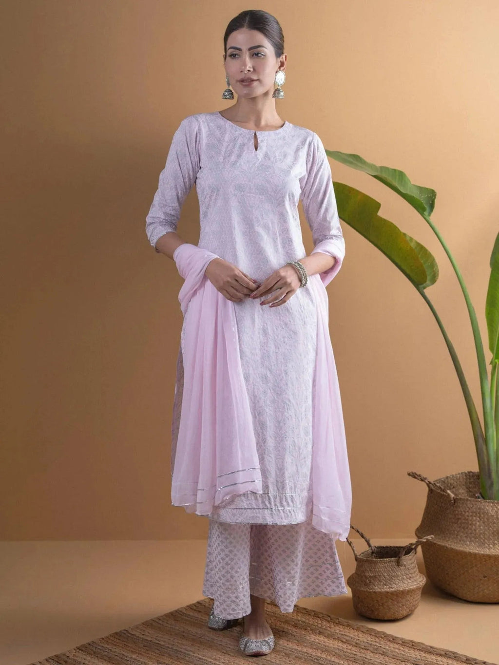Gerua Pink Printed Viscose Rayon Straight Kurta With Palazzos & Dupatta