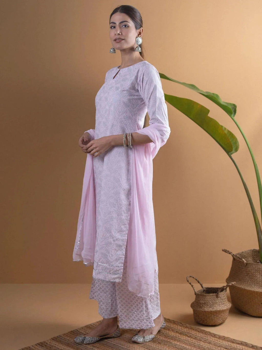Gerua Pink Printed Viscose Rayon Straight Kurta With Palazzos & Dupatta