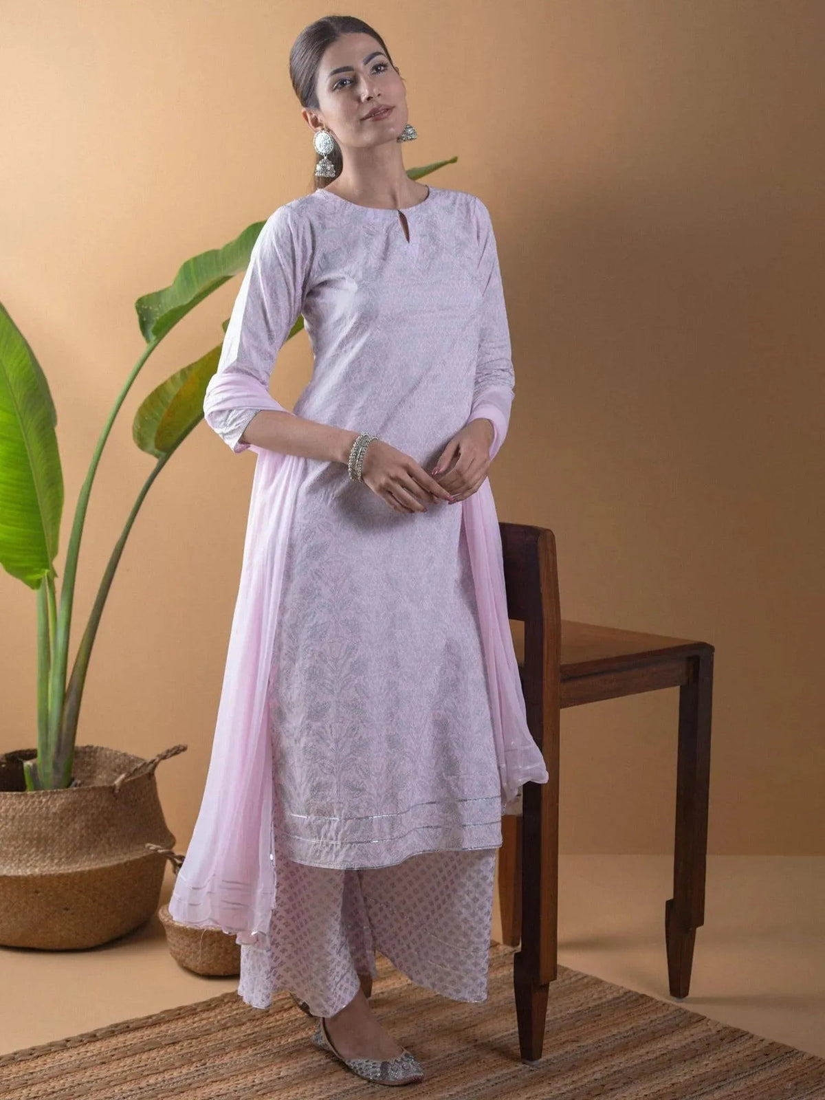Gerua Pink Printed Viscose Rayon Straight Kurta With Palazzos & Dupatta