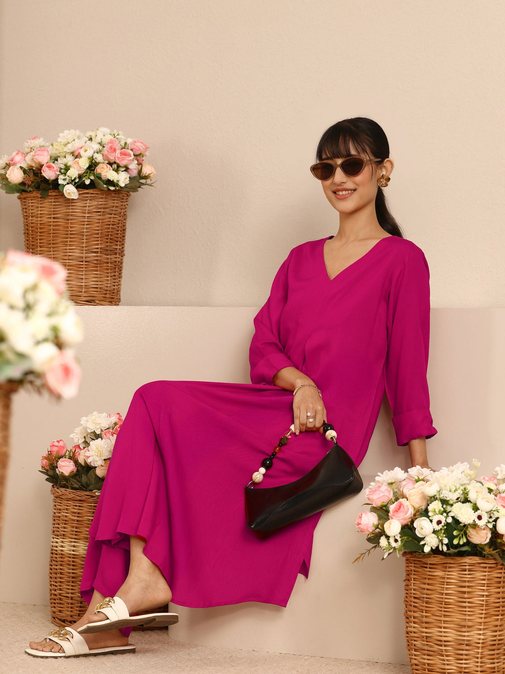 Libas Pink Solid Viscose Rayon A-Line Kurta Set