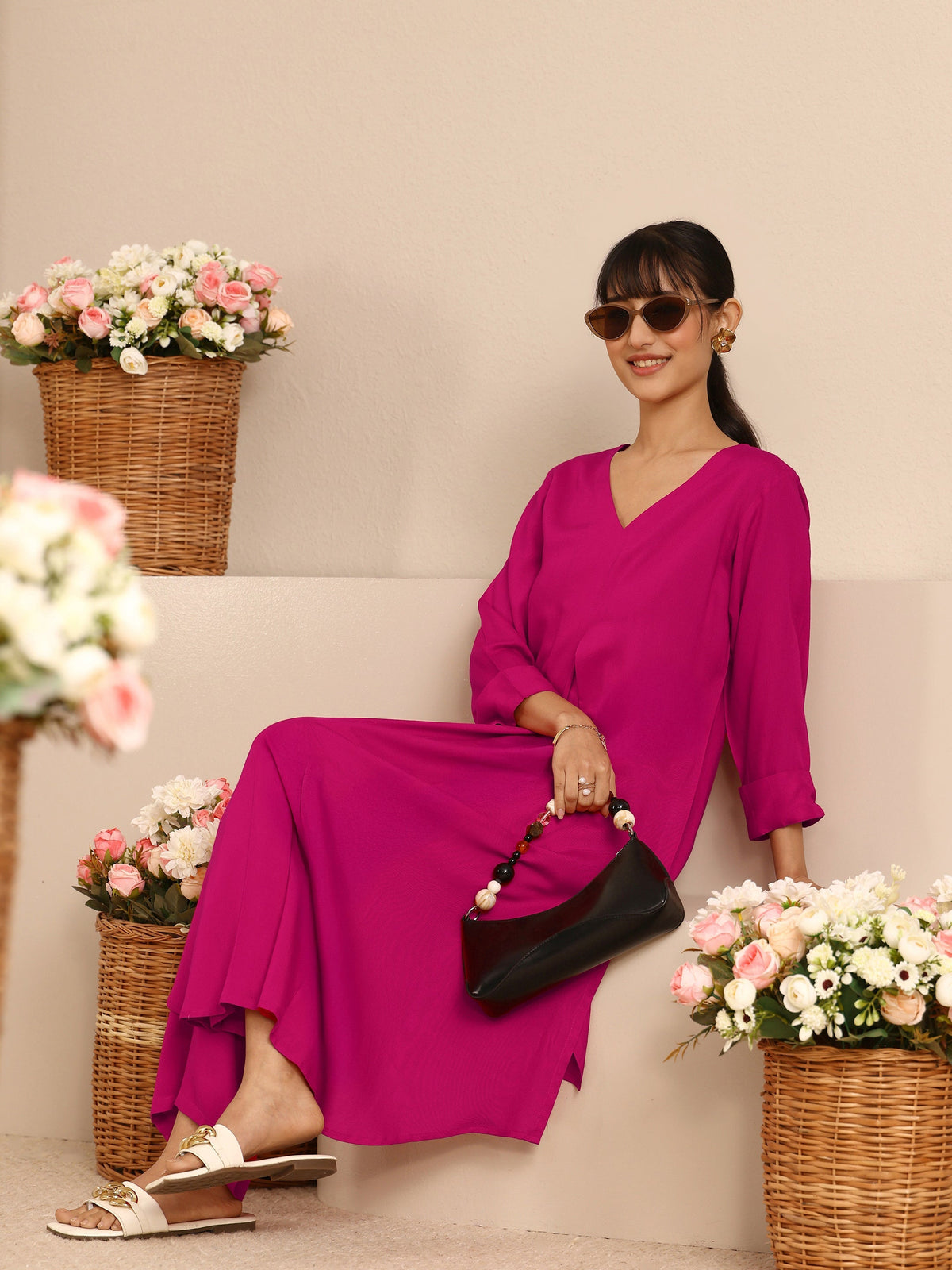 Libas Pink Solid Viscose Rayon A-Line Kurta Set