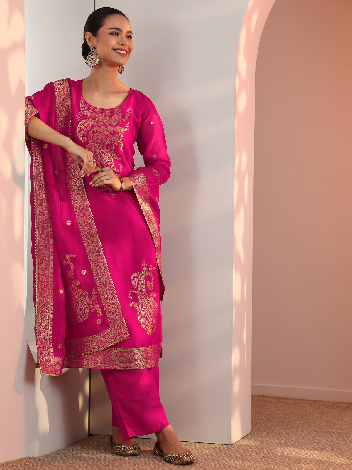 Libas Pink Woven Design Silk Blend Straight Suit Set With Dupatta