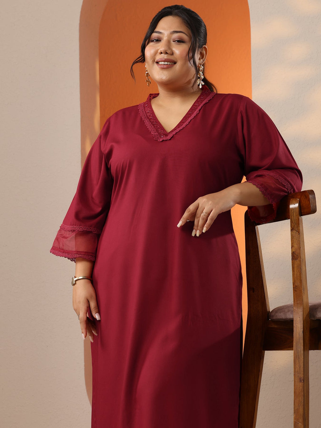 Plus Size Maroon Embellished Rayon Co-Ord Sets CO87